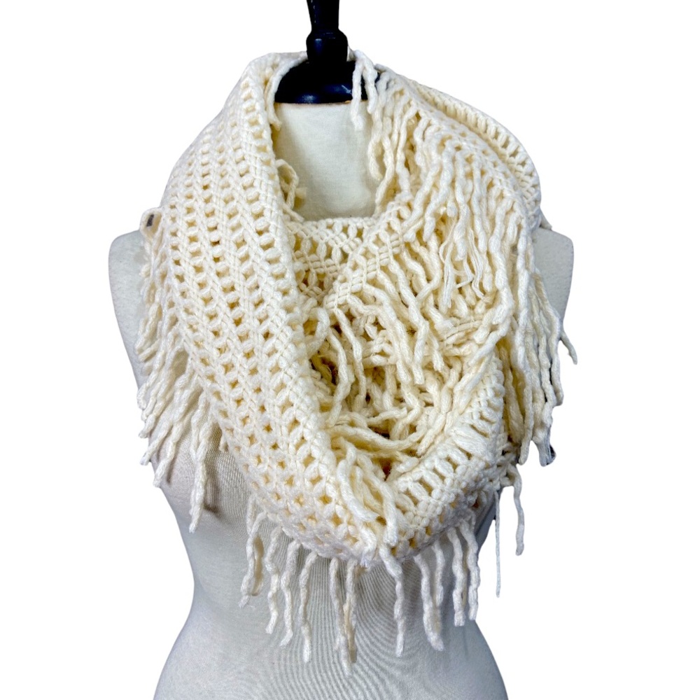 New Cream Scarf Chunky Open Knit Infinity Scarf with Fringe Winter Scarf